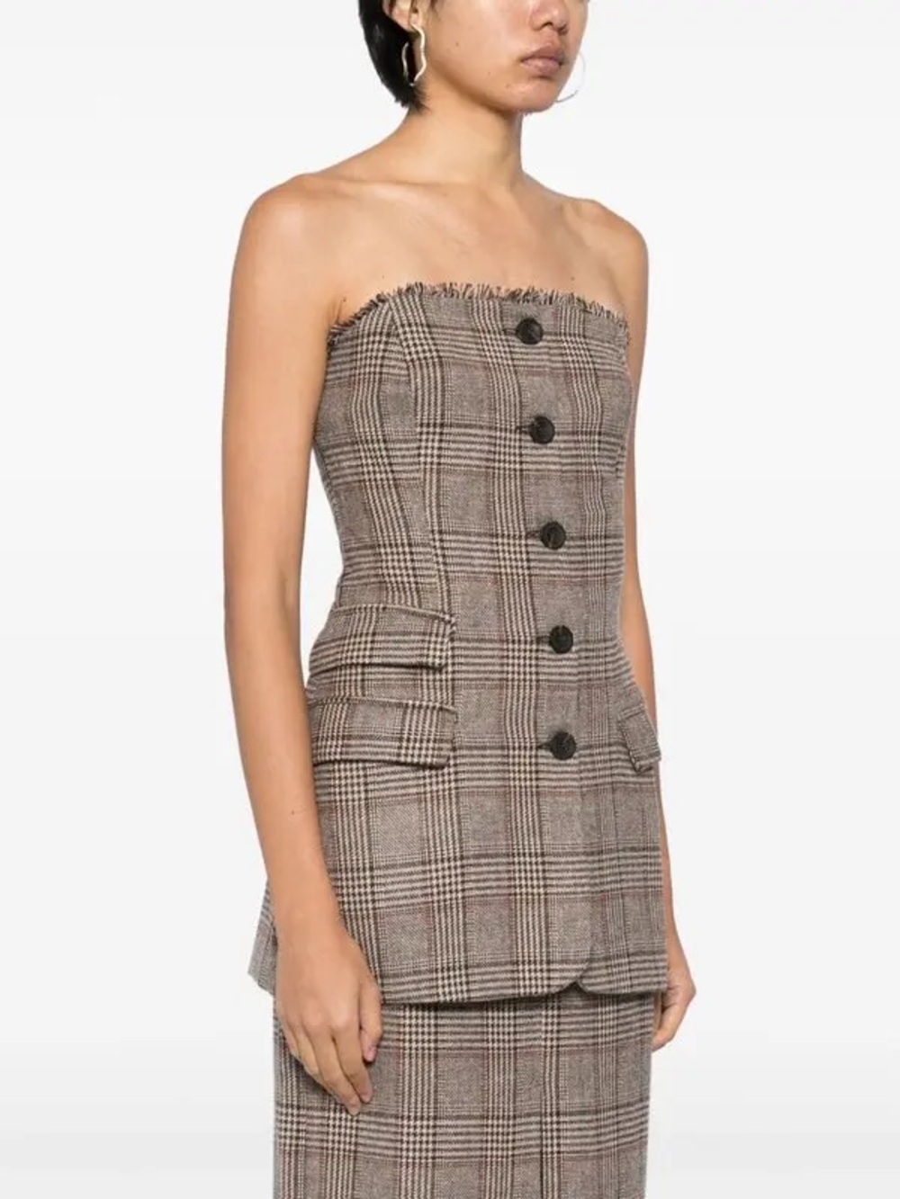 ALOHAS Strapless Plaid Button-Front Dress in Brown Check